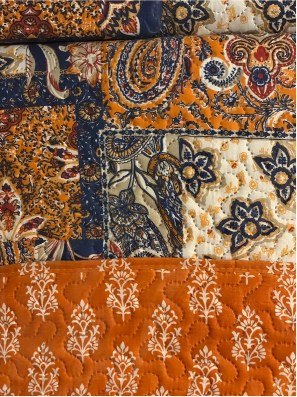 Majestic Boho Style Collection King Quilt Set Orange Blue Paisley Patchwork